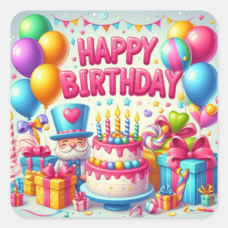 Sticker Carré Joyeux anniversaire pour les enfants - Ballons col