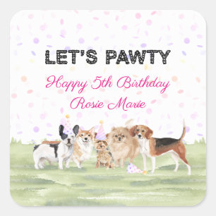 Sticker Carré Joyeux Anniversaire Rose Fête Canine Personnalisée