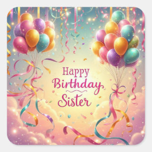 Sticker Carré Joyeux Anniversaire Sœur Ballons Paillettes mignon