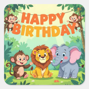 Sticker Carré Joyeux Anniversaire thème safari mignon