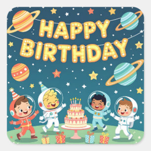Sticker Carré Joyeux anniversaire thème spatial