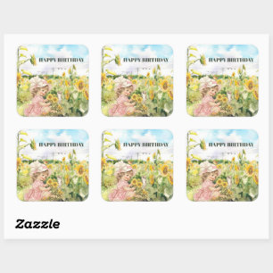 Sticker Carré Joyeux Anniversaire Tournesols Jaunes Fille Vintag