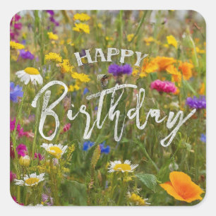 Sticker Carré Joyeux Anniversaire Vibrant Fleurs de Printemps co