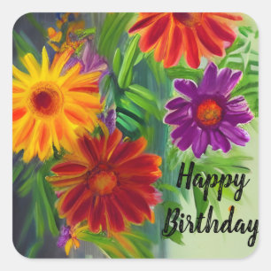 Sticker Carré Joyeux Anniversaire Vibrant Fleurs de Printemps co