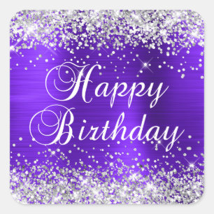 Sticker Carré Joyeux Anniversaire Violet Violet Pailleté Argent