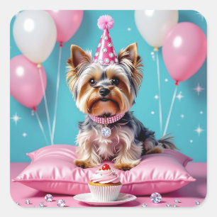 Sticker Carré Joyeux Anniversaire Yorkie Rose Mignonne
