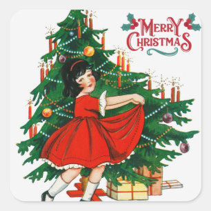 Sticker Carré Joyeux arbre de Noël Art vintage