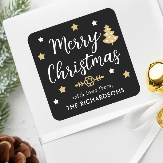 Sticker Carré Joyeux arbre de Noël Personnalisé Nom de famille B