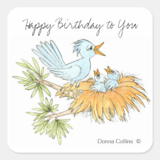 Sticker Carré Joyeux Birthday Blue Birds