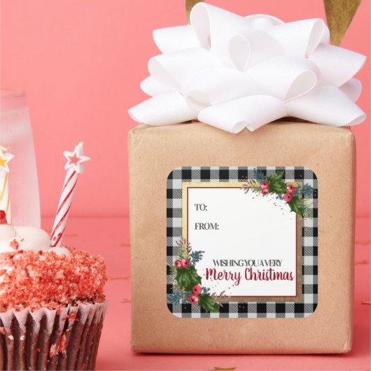 Sticker Carré Joyeux Buffalo Check Aquarelle Holly (Fête)