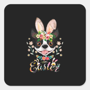 Sticker Carré Joyeux Bunny Pâques Boston Terrier Amateurs Avec E