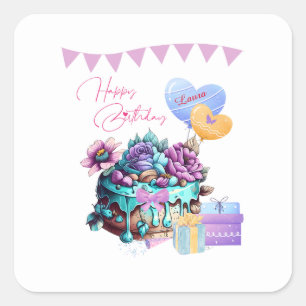 Sticker Carré Joyeux cadeau de gâteau d'anniversaire Classy