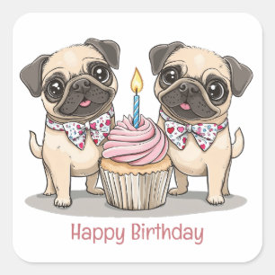 Sticker Carré Joyeux Carlin d'anniversaire Chiens Cupcake