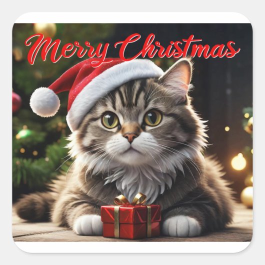 Sticker Carré Joyeux chat de Noël (Devant)