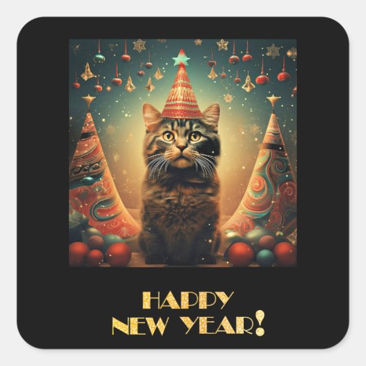 Sticker Carré Joyeux chat du Nouvel An (Devant)