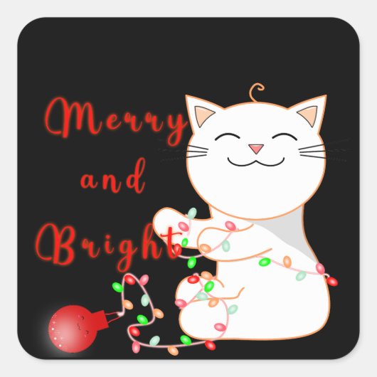 Sticker Carré Joyeux Chat Jouer Avec Lumière LED | Noël mignon (Devant)