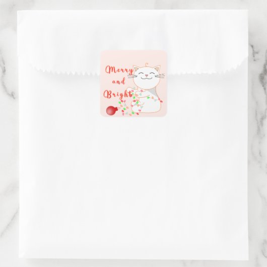 Sticker Carré Joyeux Chat Jouer Avec Lumière LED | Noël mignon (Sac)