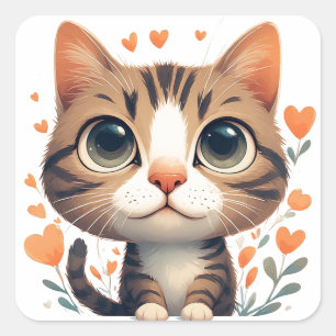 Sticker Carré Joyeux Chat Surrounded By Cœurs Et Fleurs 🌸