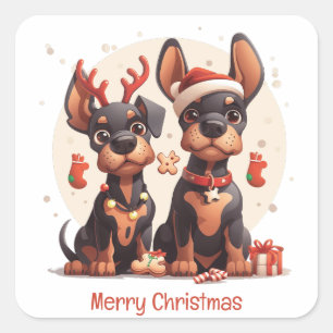 Sticker Carré Joyeux Chiens Dobermann de Noël