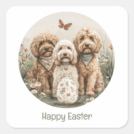 Sticker Carré Joyeux Chiens Goldendoodle de Pâques (Devant)
