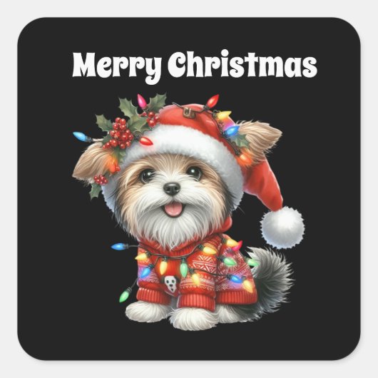 Sticker Carré Joyeux chiot de Noël (Devant)