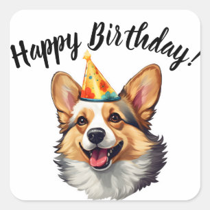 Sticker Carré Joyeux cône d'anniversaire Corgi
