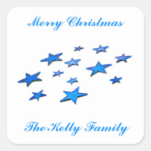 Sticker Carré Joyeux décor bleu étoile de Noël avec texte