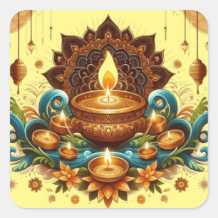 Sticker Carré Joyeux Diwali Gold Diya Festival de bleu clair