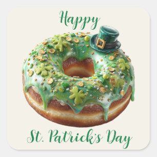 Sticker Carré Joyeux donut de la Saint-Patrick avec chapeau de l