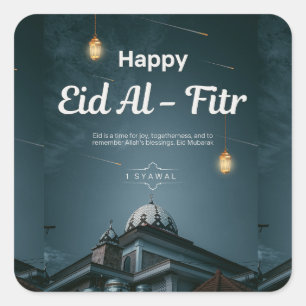 Sticker Carré Joyeux Eid Al Fitr Mosquée Lanterne Nuit Art