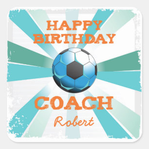 Sticker Carré Joyeux entraîneur de football Anniversaire Orange/