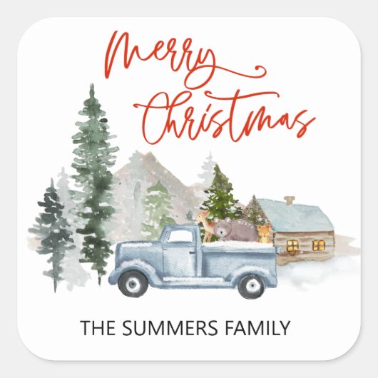 Sticker Carré Joyeux Enveloppe Noël Sceau Rustique Camion Woods (Devant)
