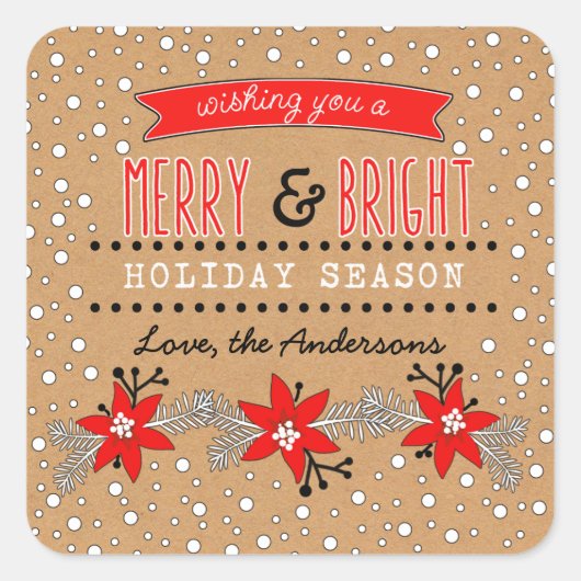 Sticker Carré Joyeux et brillant Noël. Papier Floral Kraft (Devant)
