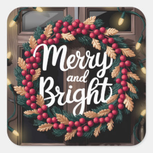 Sticker Carré Joyeux et brillant rouge Berry Wreath Noël