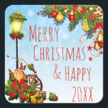 Sticker Carré Joyeux feu de rue Christmas Street et couronne de<br><div class="desc">Joyeux Noël et Joyeux Nouvel An Pine Wreath,  ornementations Vacances autocollants.</div>