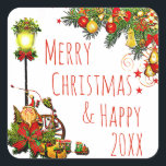 Sticker Carré Joyeux feu de rue Christmas Street et couronne de<br><div class="desc">Joyeux Noël et Joyeux Nouvel An Pine Wreath,  ornementations Vacances autocollants.</div>