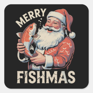 Sticker Carré Joyeux Fishmas drôle de Noël Santa Claus pêche 