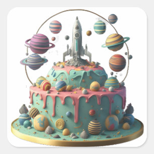 Sticker Carré Joyeux gâteau d'anniversaire Galaxy