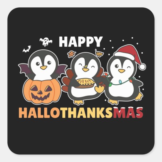 Sticker Carré Joyeux Hallothanksmas Penguins de Noël Pingouin Sq (Devant)