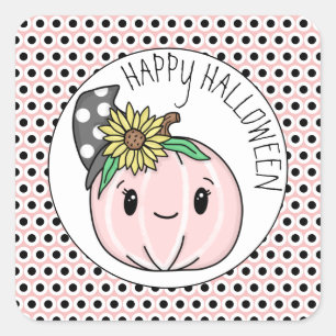 Sticker Carré Joyeux Halloween   Citrouille rose et Pois