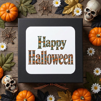 Sticker Carré Joyeux Halloween Citrouilles Ornées Florales Botan
