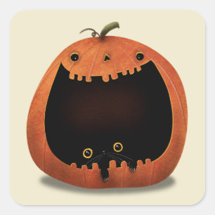 Sticker Carré Joyeux Halloween Décoration Chat noir en Citrouill