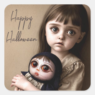 Sticker Carré Joyeux Halloween   Déplaisante fille et poupée
