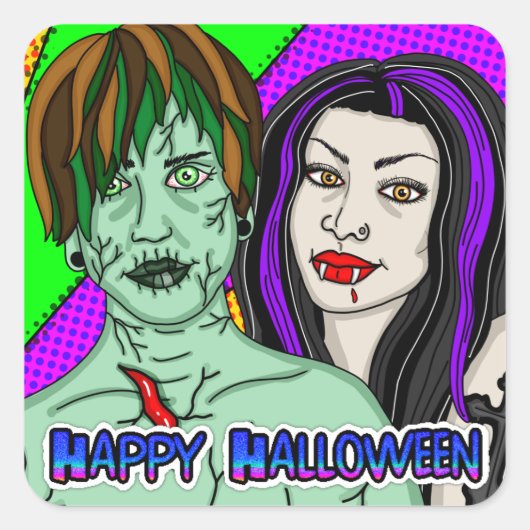 Sticker Carré Joyeux Halloween | Pop Art zombie Vampire (Devant)
