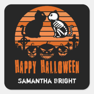 Sticker Carré Joyeux Halloween Skeleton Chat Retro Sunset