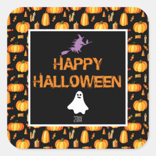 Sticker Carré Joyeux Halloween W/Citrouille sorcière et fantôme