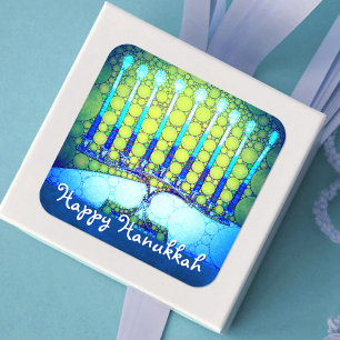 Sticker Carré Joyeux Hanoukka Artsy Turquoise bleu vert Menorah