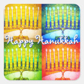 Sticker Carré Joyeux Hanoukka jaune bleu vert rouge 4 menorahs (Devant)
