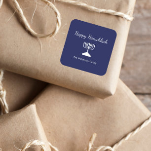 Sticker Carré Joyeux Hanoukka Menorah bleu simple