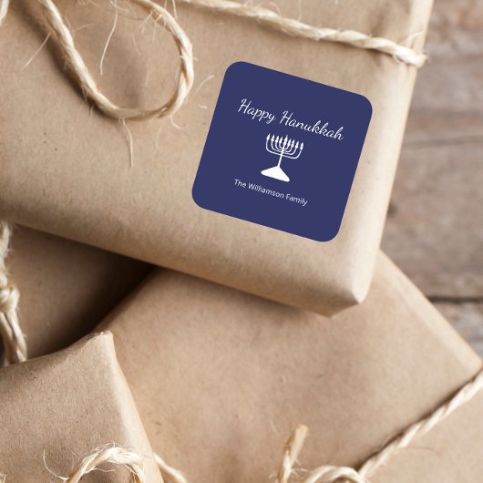 Sticker Carré Joyeux Hanoukka Menorah bleu simple